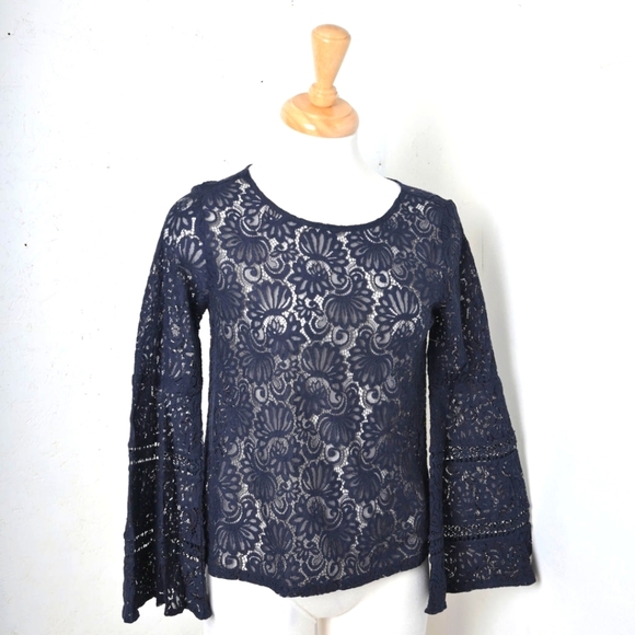LOFT | Navy blue lace blouse with bell sleeves - Picture 1 of 11
